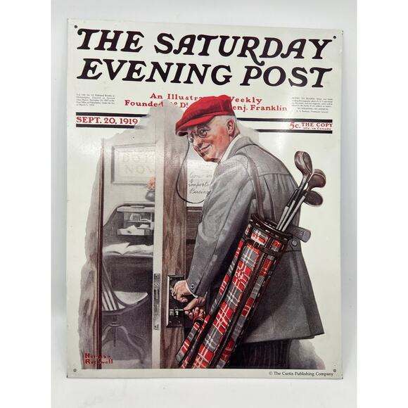 Norman Rockwell The Saturday Evening Post Golf Theme Tin Sign Reproduction - Picture 1 of 2